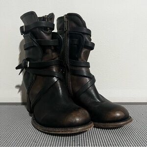 Freebird Women’s Mid Calf Strappy Leather Heeled Boots in Black/Brown